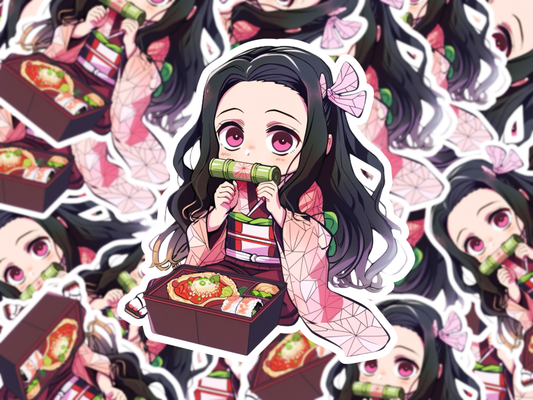 Cute Vinyl Chibi Demon Girl Eating Bento Box Sticker